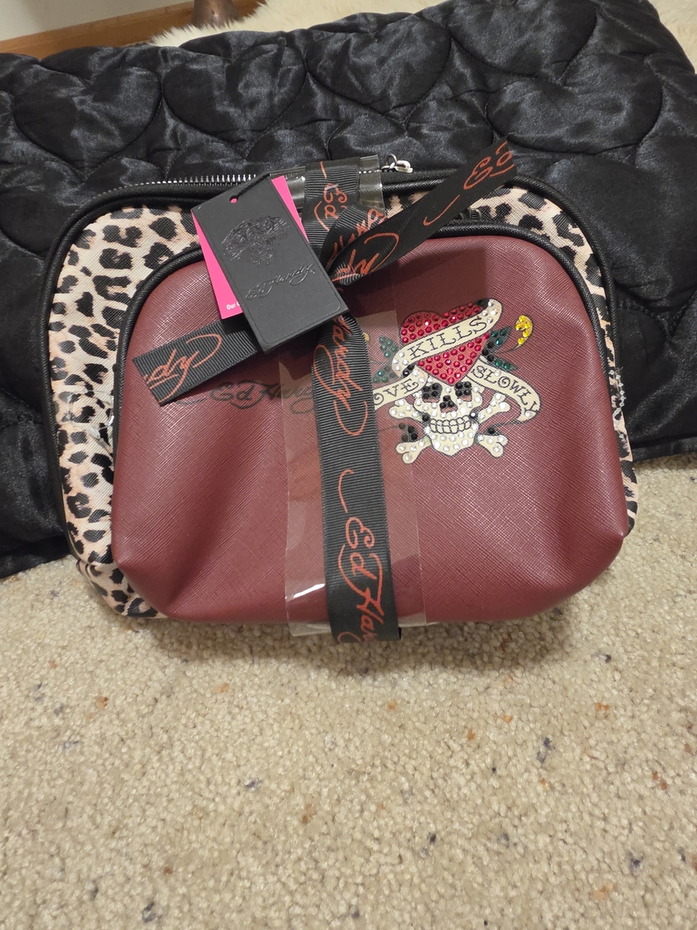 Ed Hardy Maroon Leopard Print Cosmetic Case with Skull Heart Accent